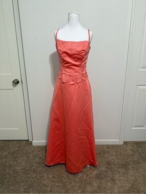 Coral Lace-Trim Maxi Dress with Slim Straps